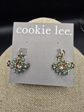 Cookie Lee Gold Earrings with Turquoise and Crystal Accents-Pierced Lever Backs